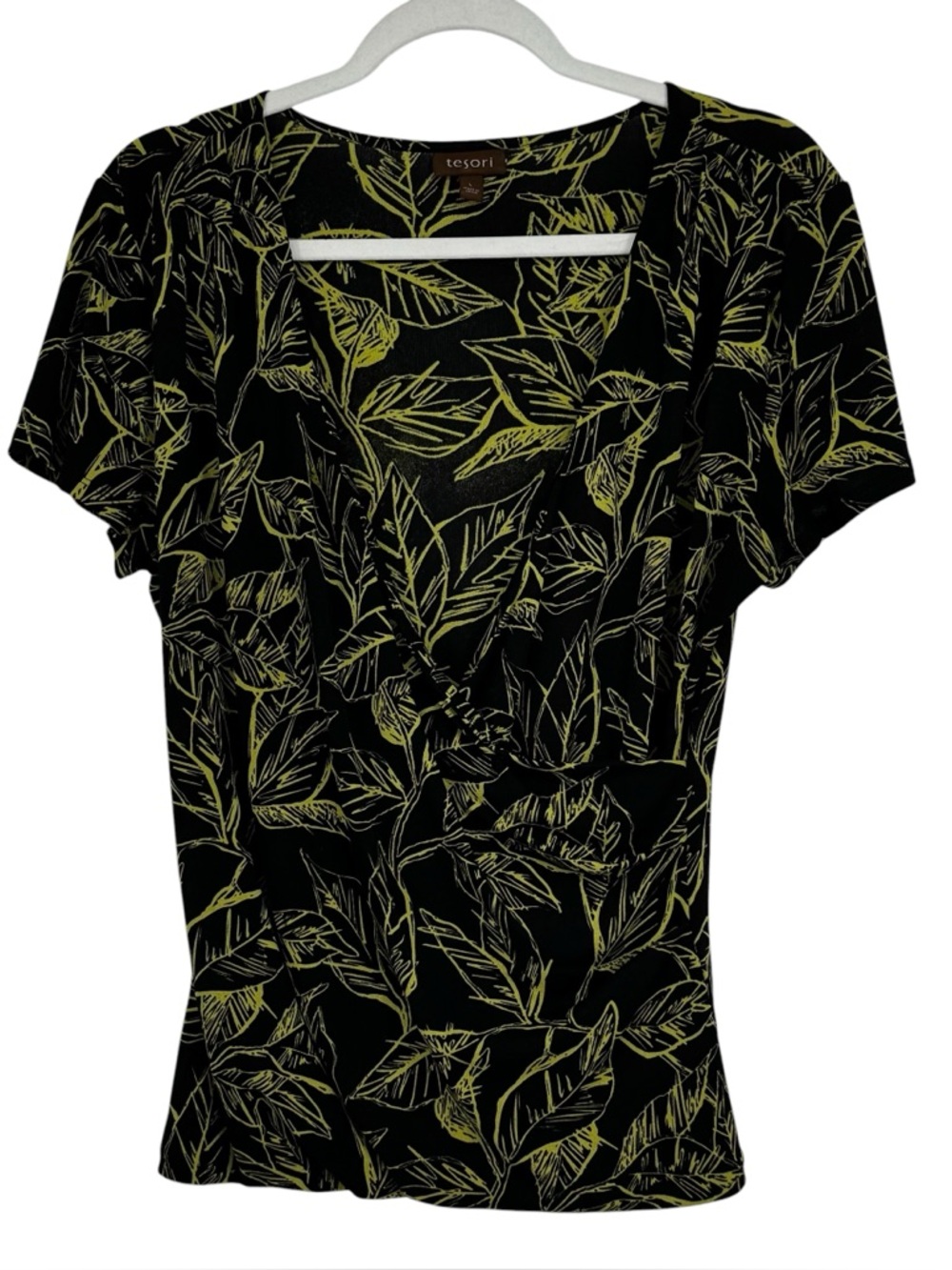 Women’s Tesori Large Green/Black 100% Silk Faux Wrap Short Sleeve Top Blouse